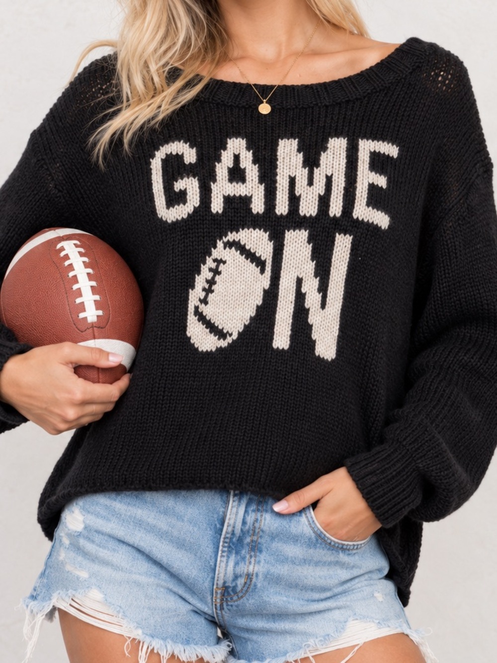 Wooden Ships Game On Football Graphic Sweater Black Chunky Knit Pullover S/M